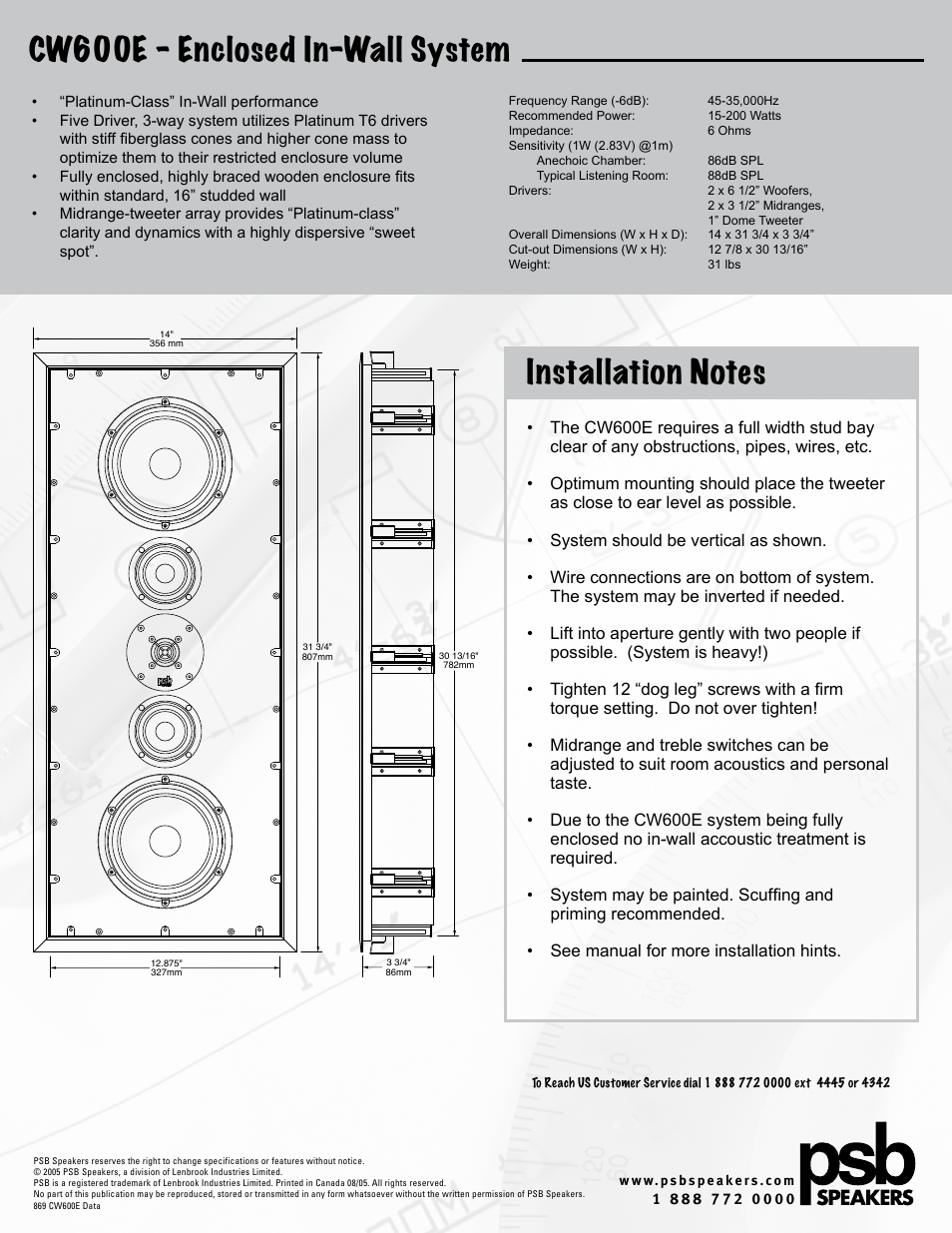 Cw600e - enclosed in-wall system | PSB Speakers CW600E User Manual | Page 2 / 2