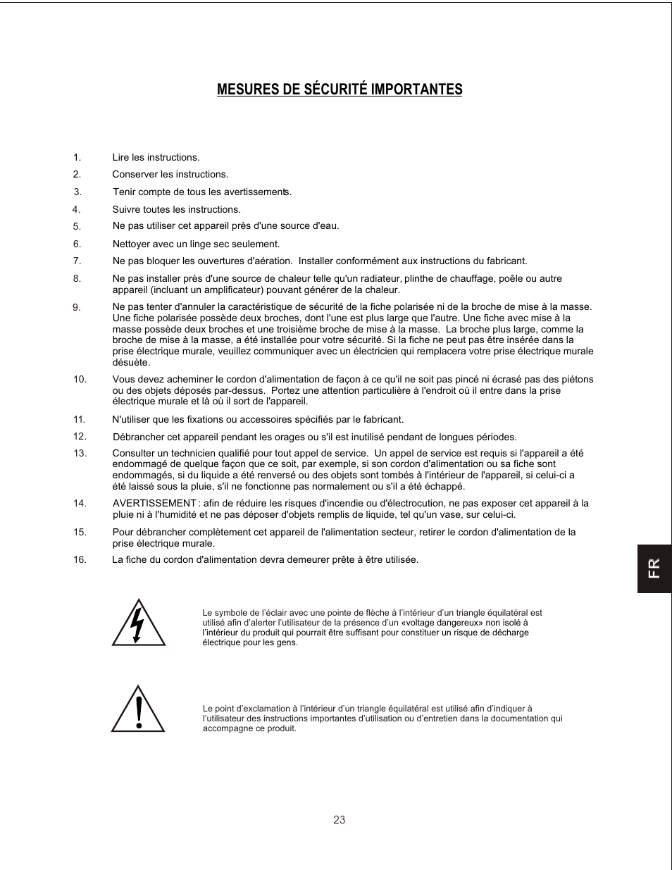 Mesures de sécurité importantes, Fr f r | PSB Speakers CHS212 User Manual | Page 23 / 52