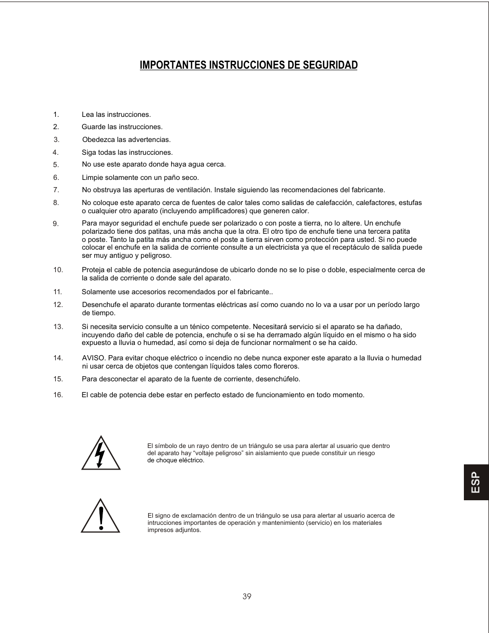 Importantes instrucciones de seguridad | PSB Speakers CHS212 User Manual | Page 39 / 52