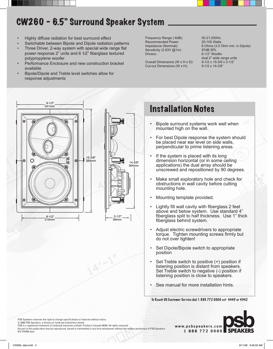 PSB Speakers CW260 User Manual | Page 2 / 2