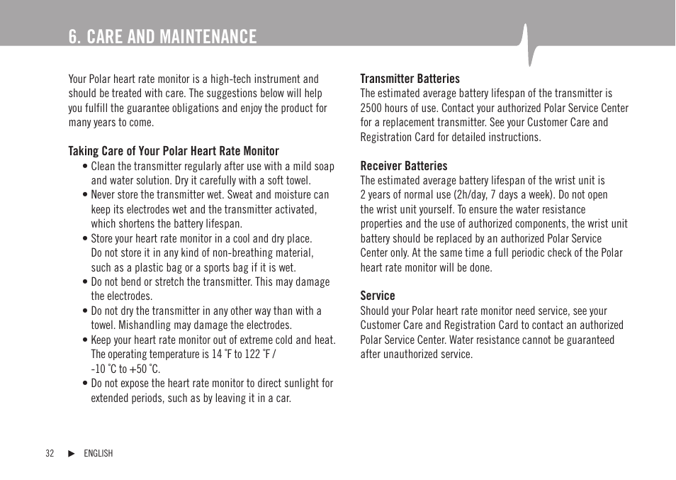 Care and maintenance | POLAR F1 User Manual | Page 13 / 19