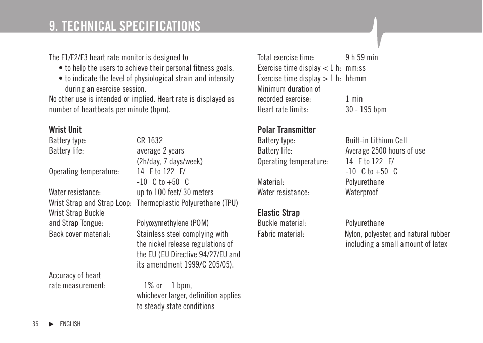 Technical specifications | POLAR F1 User Manual | Page 17 / 19