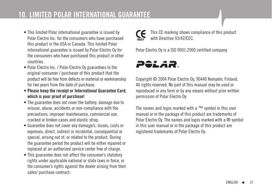 Limited polar international guarantee | POLAR F1 User Manual | Page 18 / 19