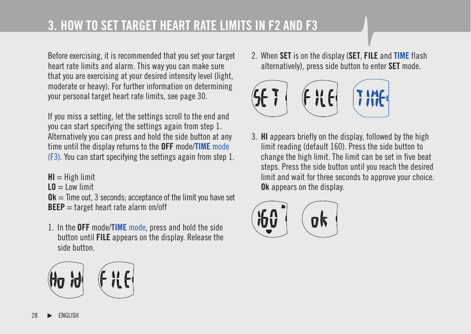 How to set target heart rate limits in f2 and f3 | POLAR F1 User Manual | Page 9 / 19