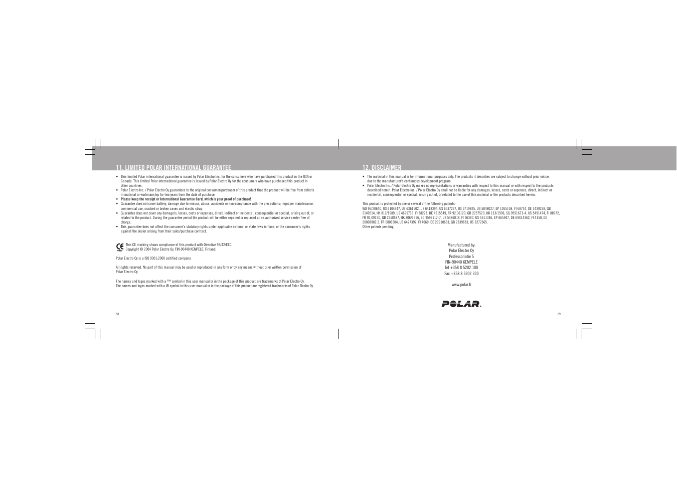 Disclaimer, Limited polar international guarantee | POLAR F6 User Manual | Page 30 / 31