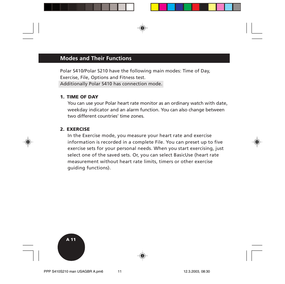 Modes and their functions | POLAR S410 User Manual | Page 13 / 94