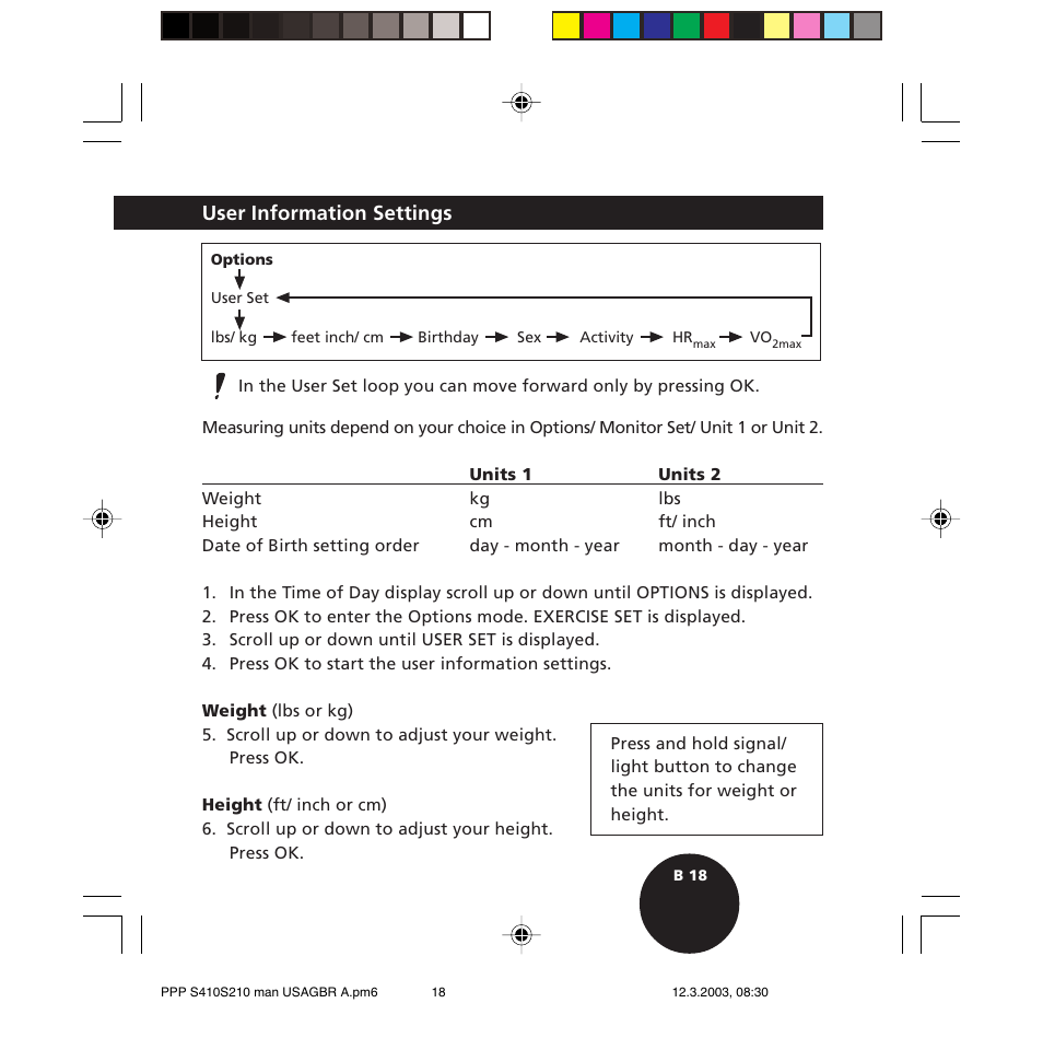 User information settings | POLAR S410 User Manual | Page 20 / 94