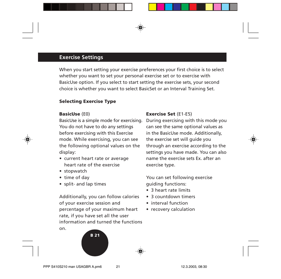 Exercise settings | POLAR S410 User Manual | Page 23 / 94