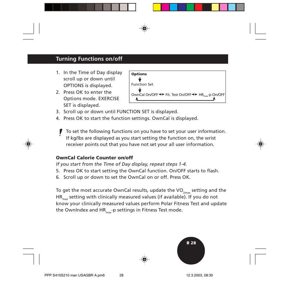 Turning functions on/off | POLAR S410 User Manual | Page 30 / 94