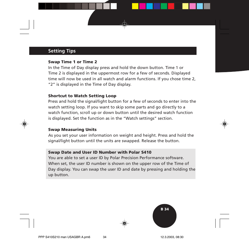 Setting tips | POLAR S410 User Manual | Page 36 / 94