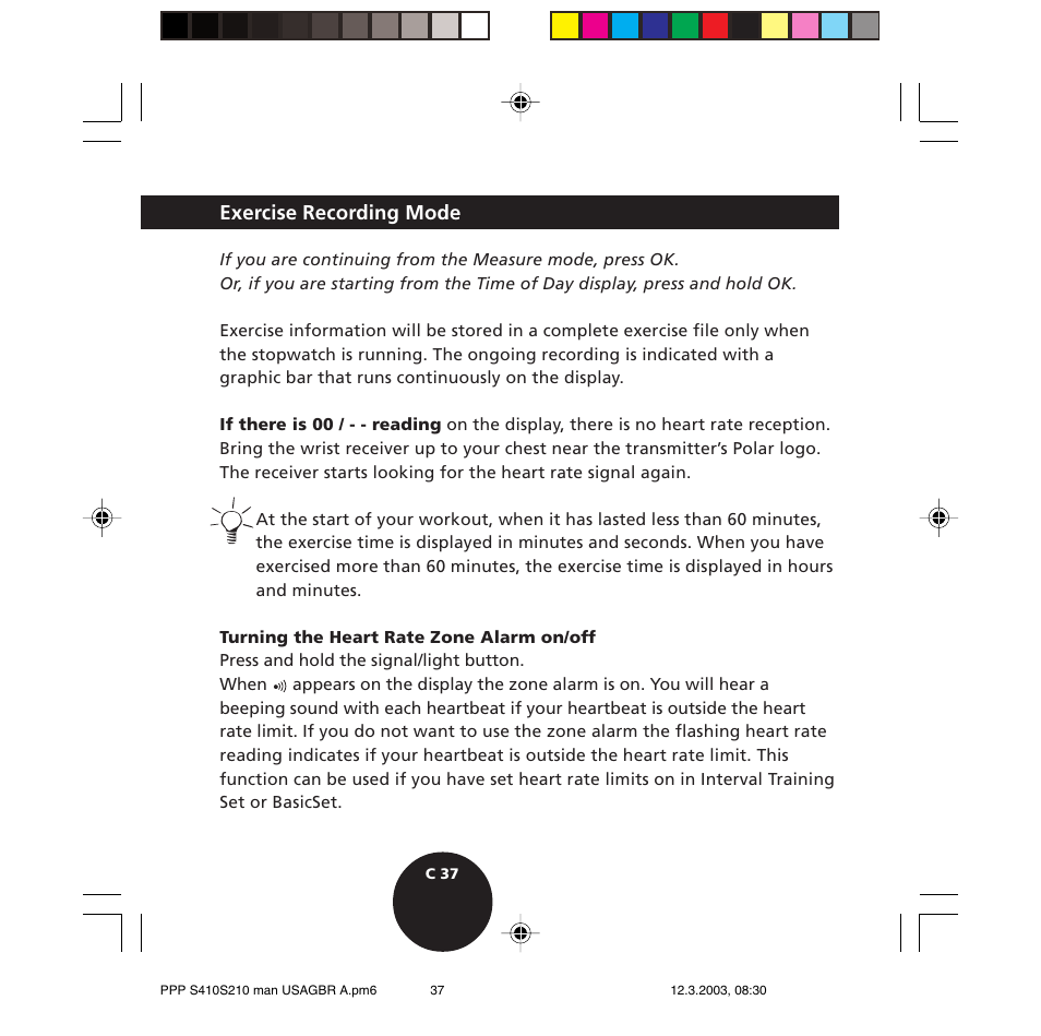 Exercise recording mode | POLAR S410 User Manual | Page 39 / 94