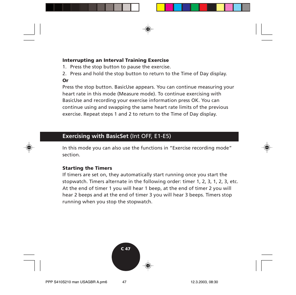 Exercising with basicset (int off, e1-e5) | POLAR S410 User Manual | Page 49 / 94