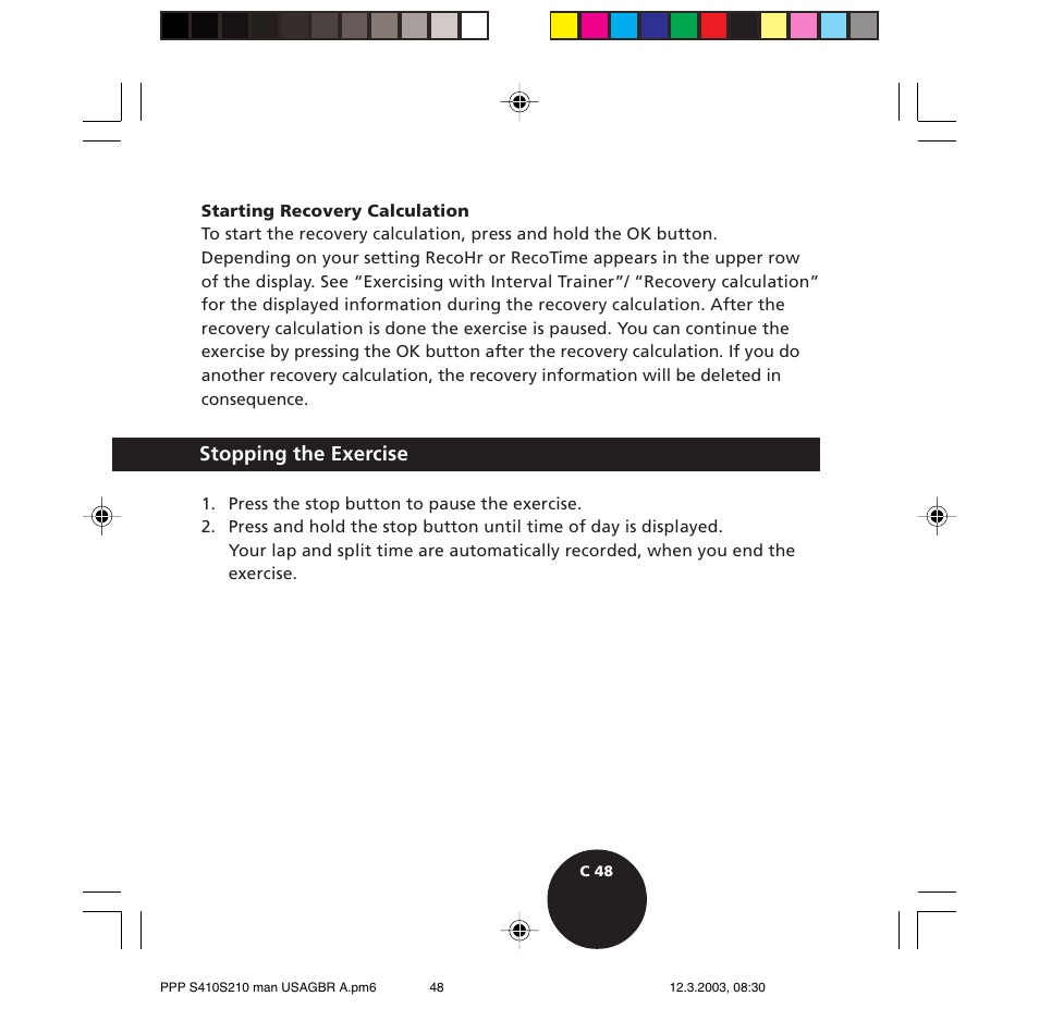 Stopping the exercise | POLAR S410 User Manual | Page 50 / 94