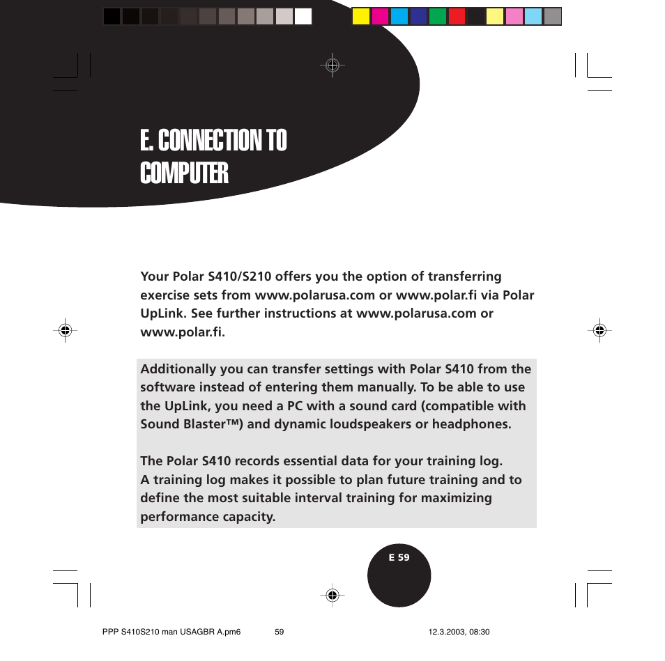 E. connection to computer | POLAR S410 User Manual | Page 61 / 94