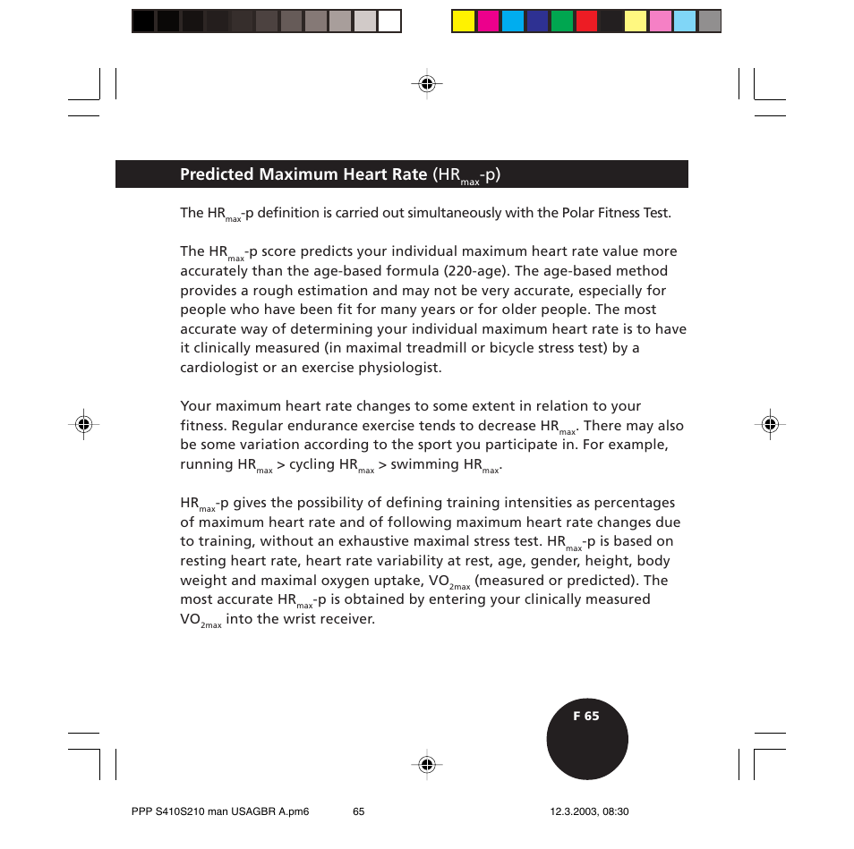 Predicted maximum heart rate (hr | POLAR S410 User Manual | Page 67 / 94