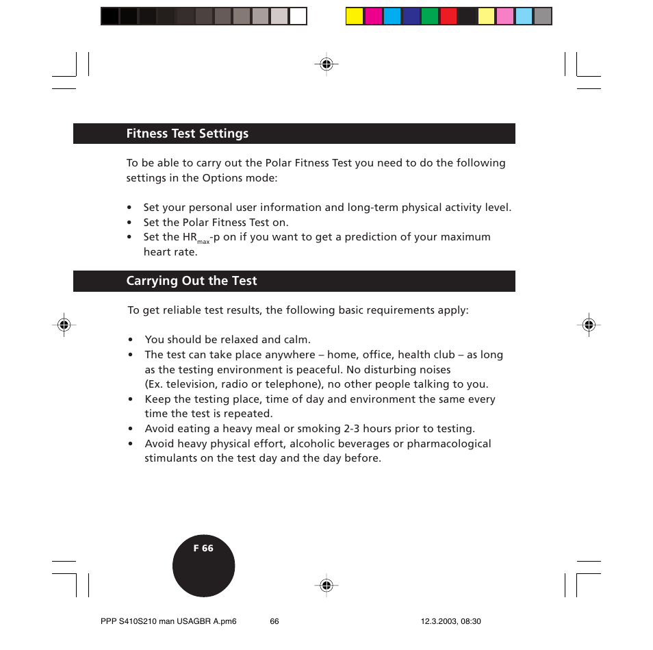 Carrying out the test, Fitness test settings | POLAR S410 User Manual | Page 68 / 94