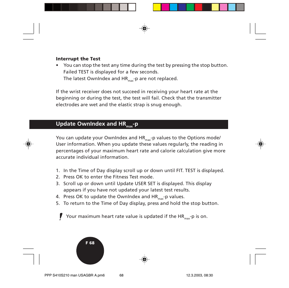 Update ownindex and hr | POLAR S410 User Manual | Page 70 / 94