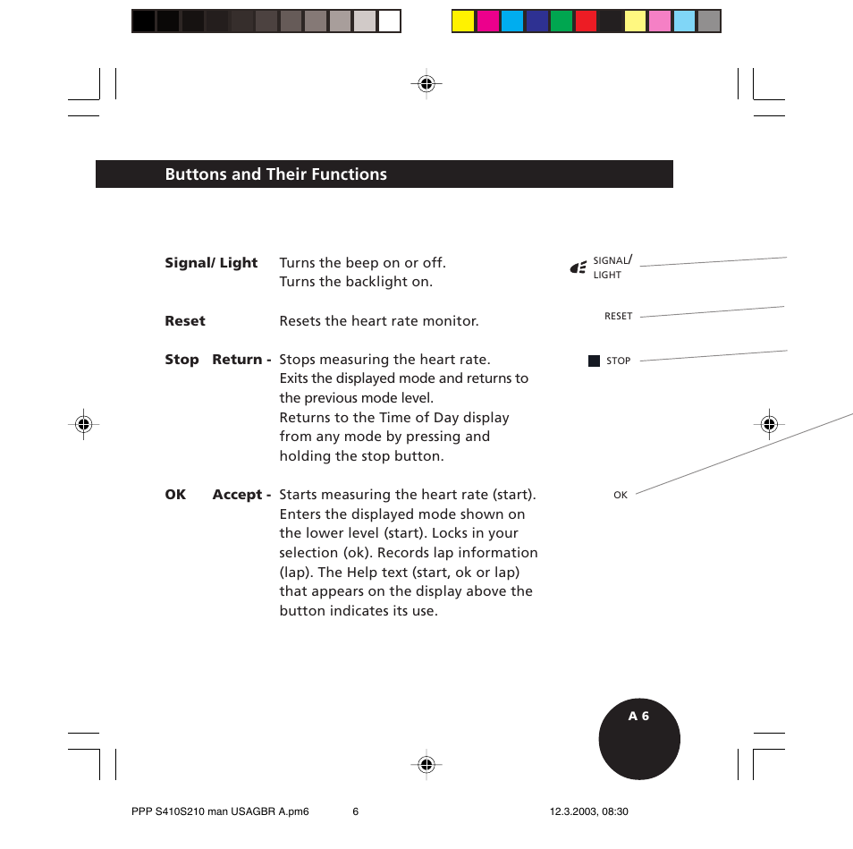 Buttons and their functions | POLAR S410 User Manual | Page 8 / 94