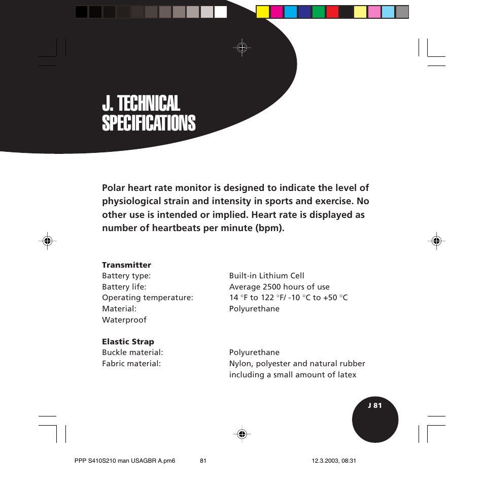 J. technical specifications | POLAR S410 User Manual | Page 83 / 94