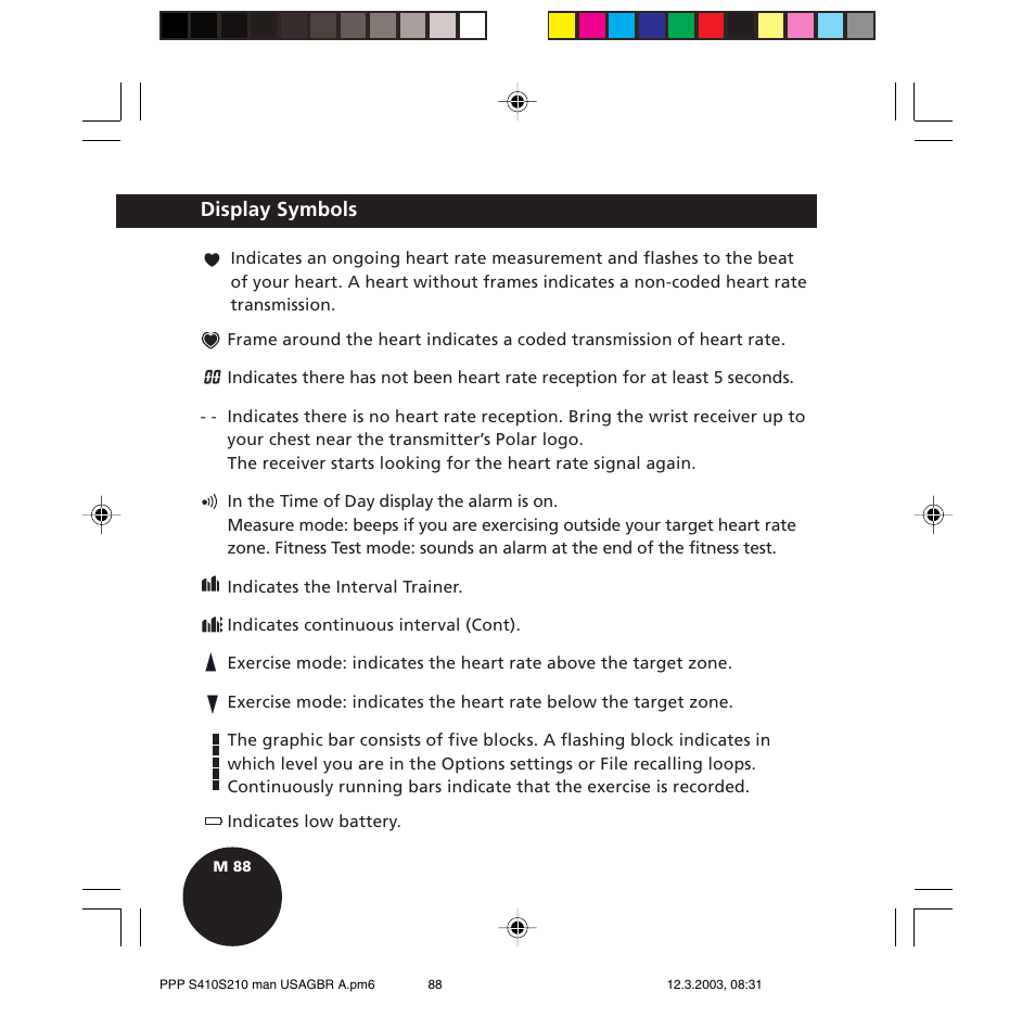 Display symbols | POLAR S410 User Manual | Page 90 / 94