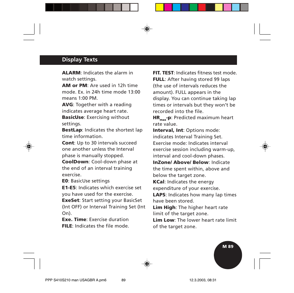 Display texts | POLAR S410 User Manual | Page 91 / 94