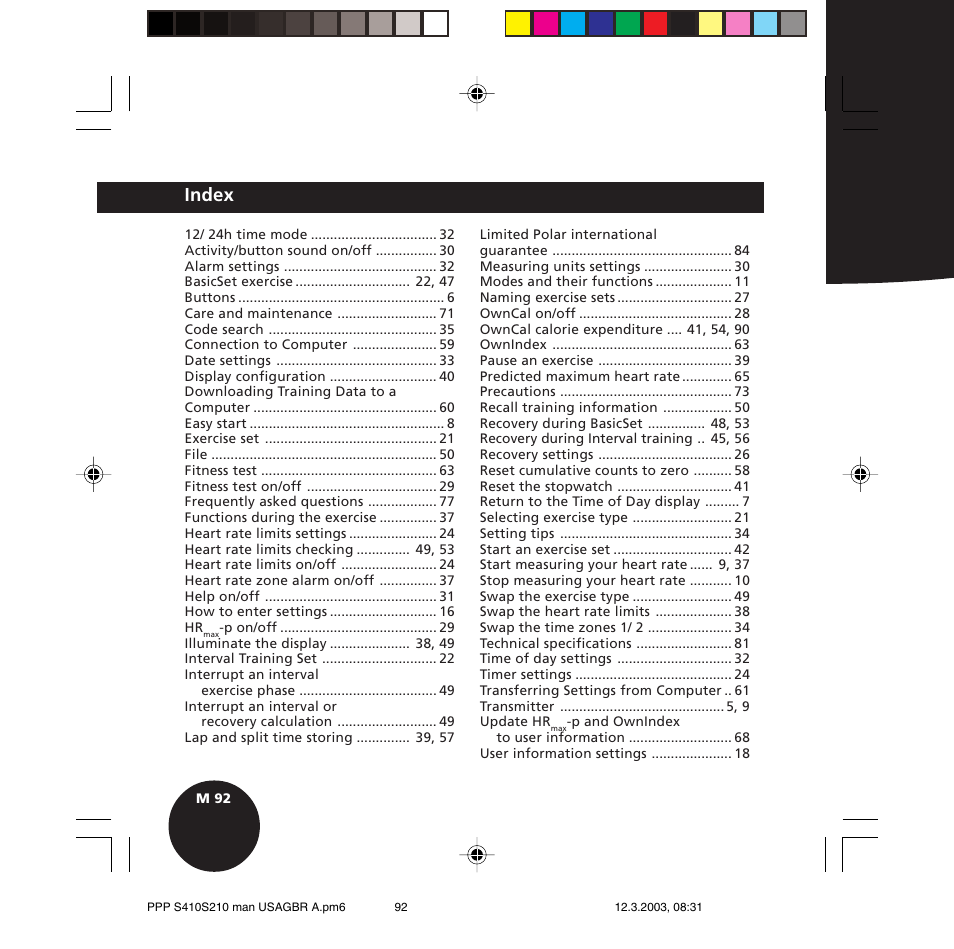 Index | POLAR S410 User Manual | Page 94 / 94