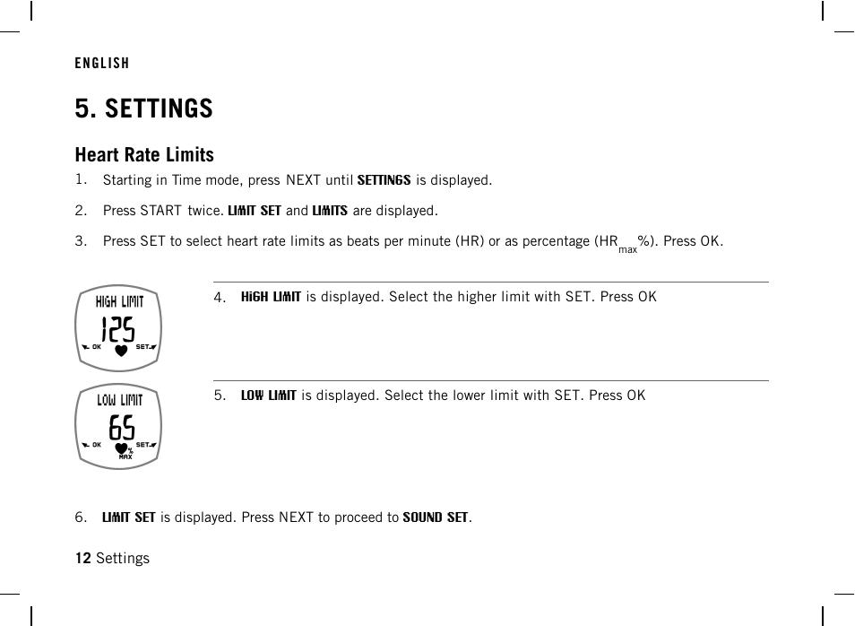 Settings, Heart rate limits | POLAR F4 User Manual | Page 12 / 25