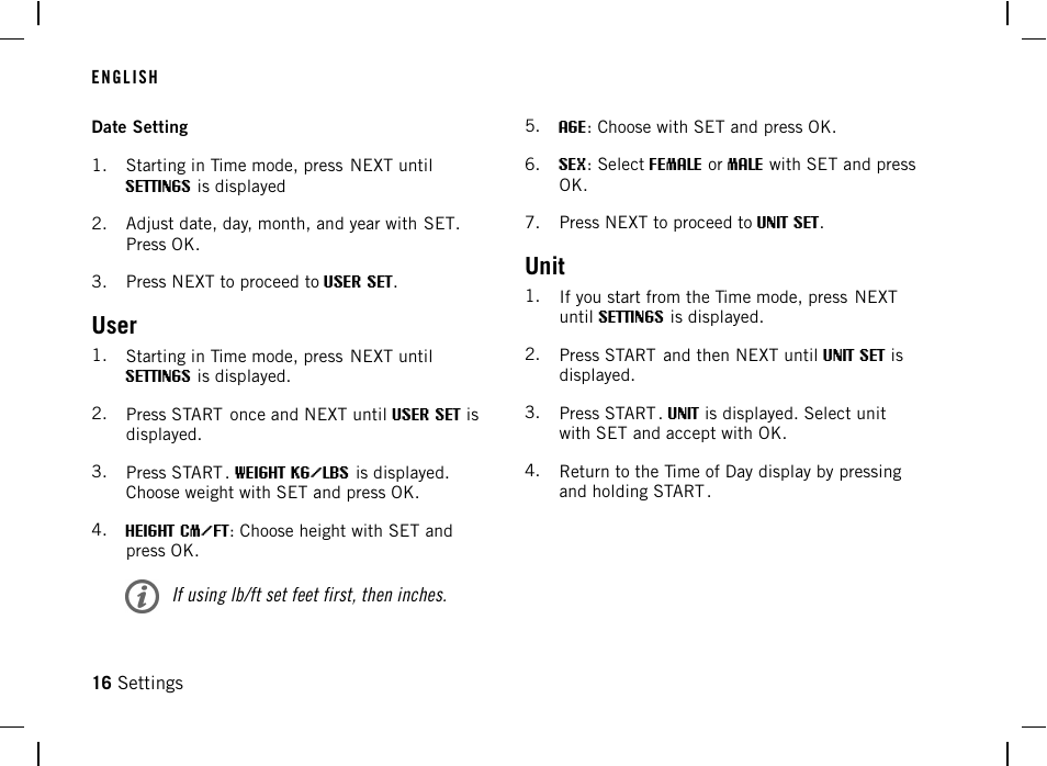 User, Unit | POLAR F4 User Manual | Page 16 / 25