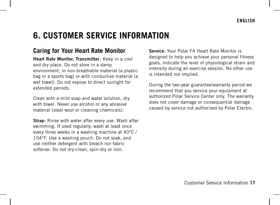 Customer service information, Caring for your heart rate monitor | POLAR F4 User Manual | Page 17 / 25