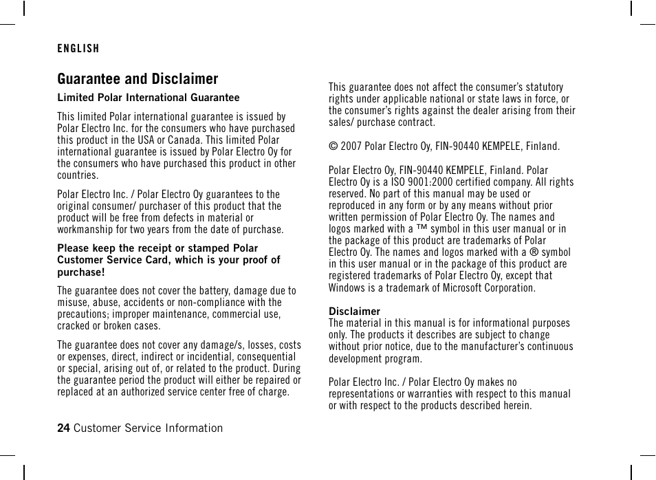 Guarantee and disclaimer | POLAR F4 User Manual | Page 24 / 25