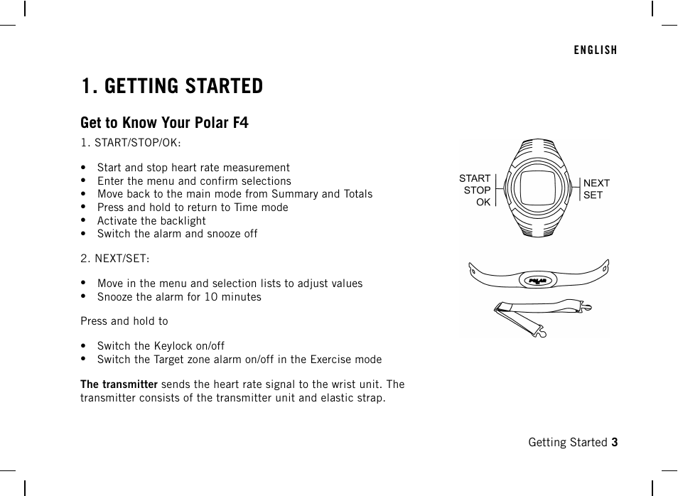 Getting started, Get to know your polar f4 | POLAR F4 User Manual | Page 3 / 25