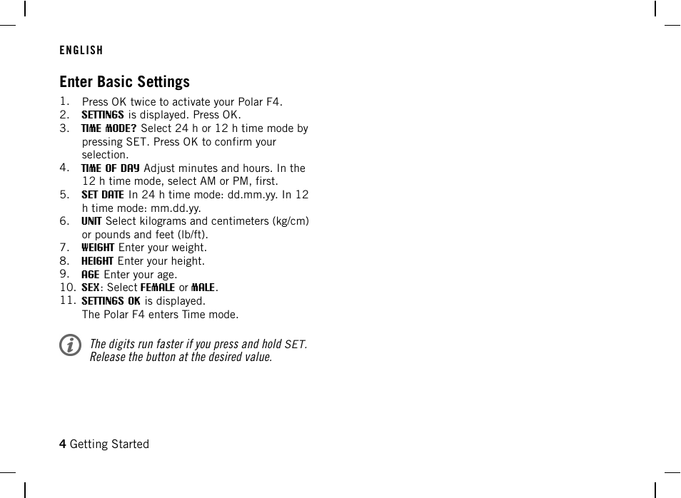 Enter basic settings | POLAR F4 User Manual | Page 4 / 25