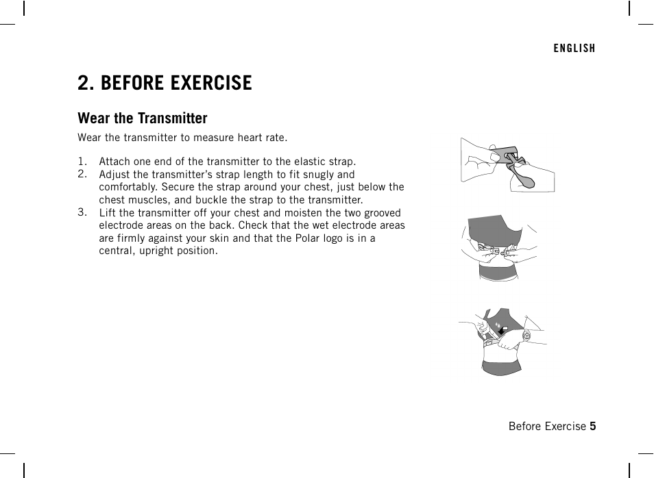 Before exercise, Wear the transmitter | POLAR F4 User Manual | Page 5 / 25