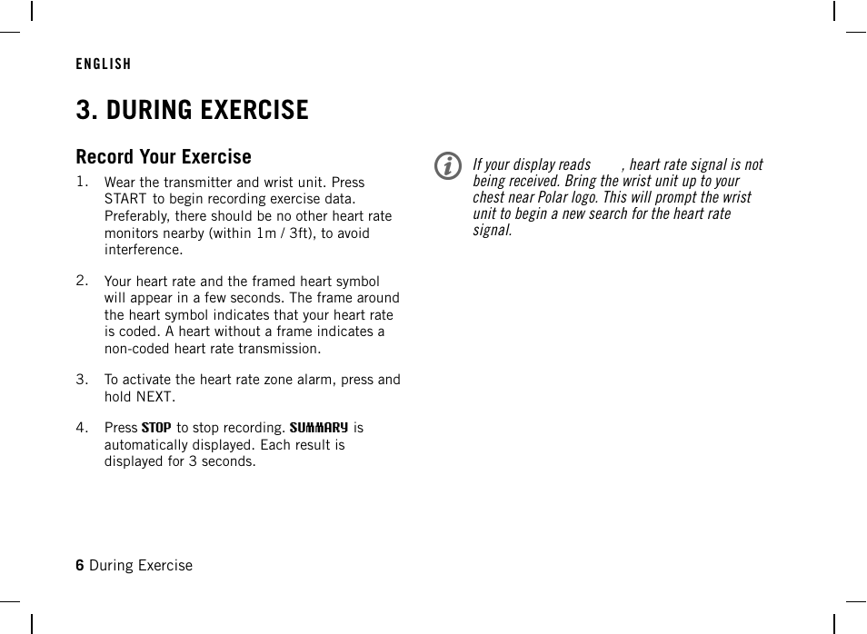 During exercise, Record your exercise | POLAR F4 User Manual | Page 6 / 25