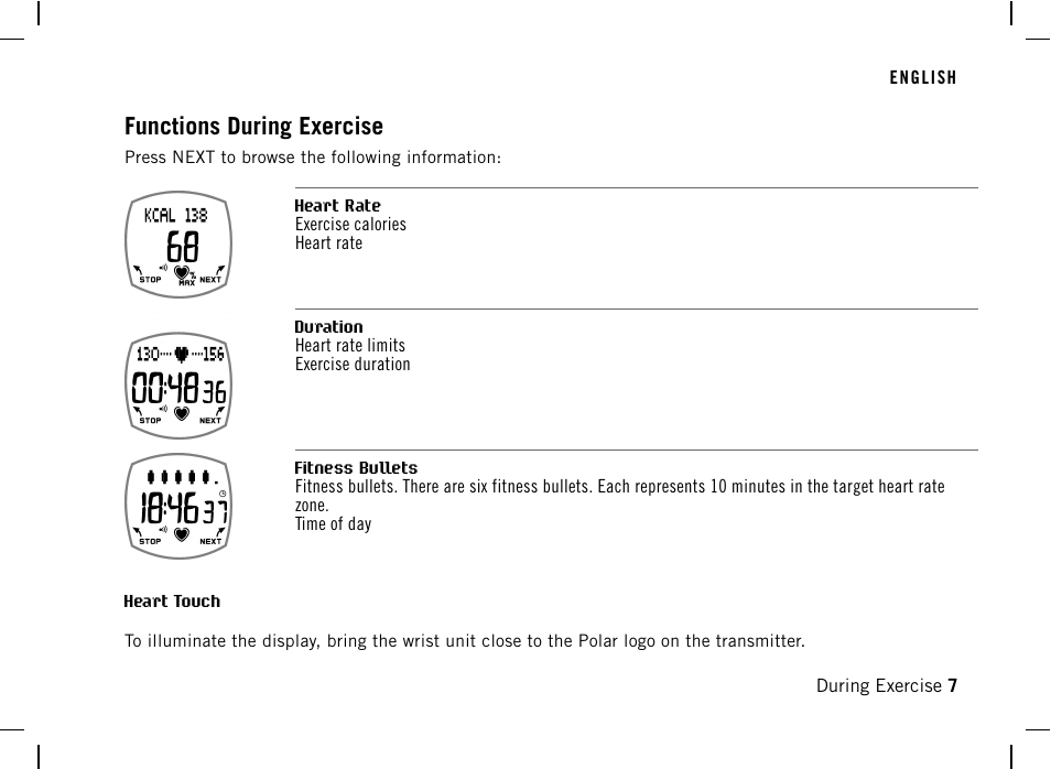 Functions during exercise | POLAR F4 User Manual | Page 7 / 25