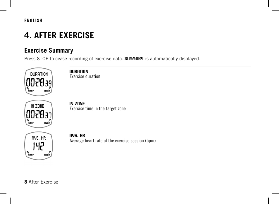 After exercise, Exercise summary | POLAR F4 User Manual | Page 8 / 25