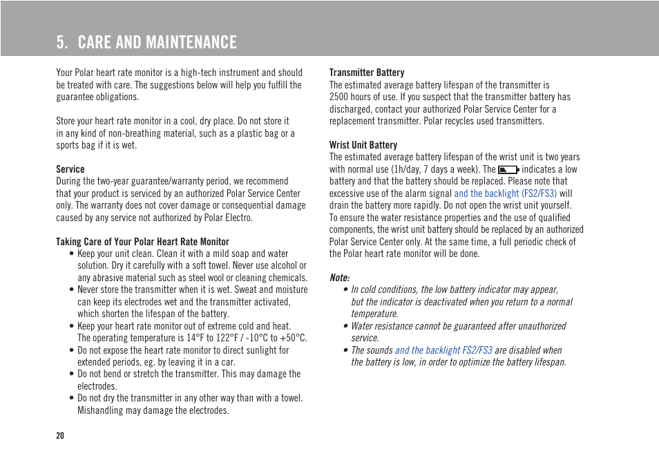 Care and maintenance | POLAR FS3 User Manual | Page 19 / 25