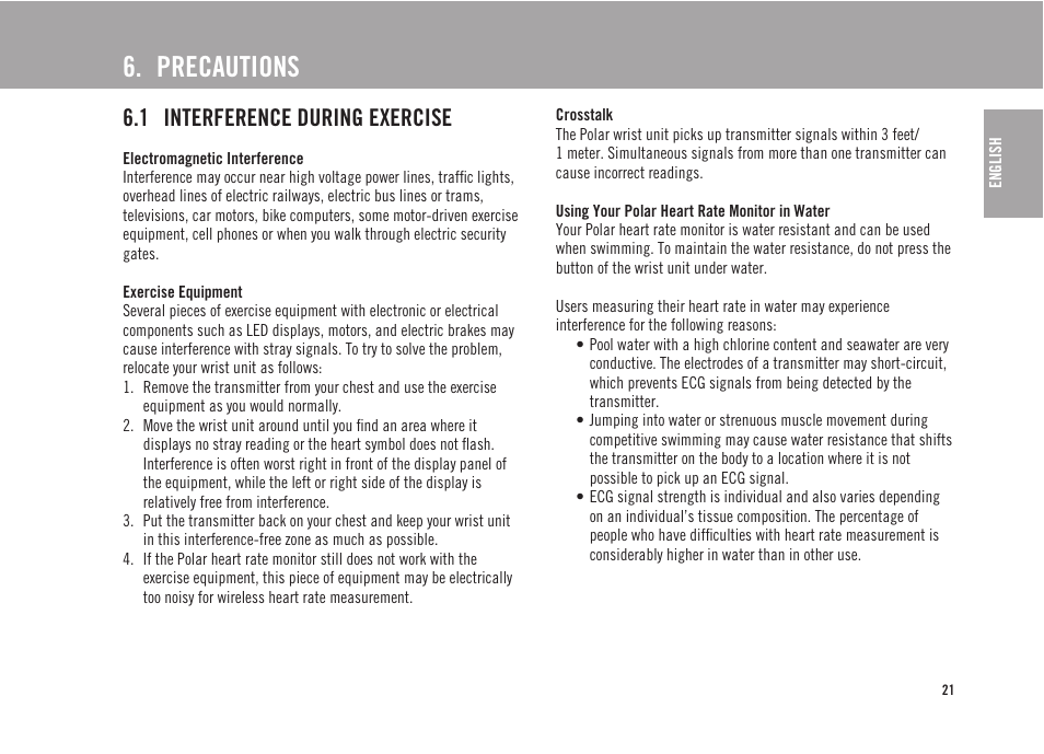 Precautions, 1 interference during exercise | POLAR FS3 User Manual | Page 20 / 25