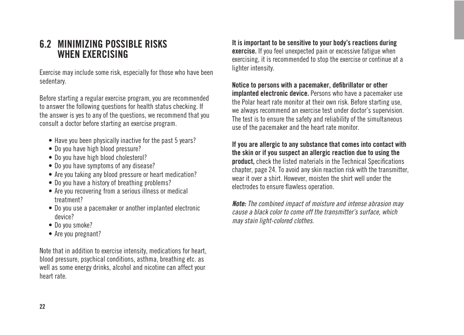 2 minimizing possible risks when exercising | POLAR FS3 User Manual | Page 21 / 25