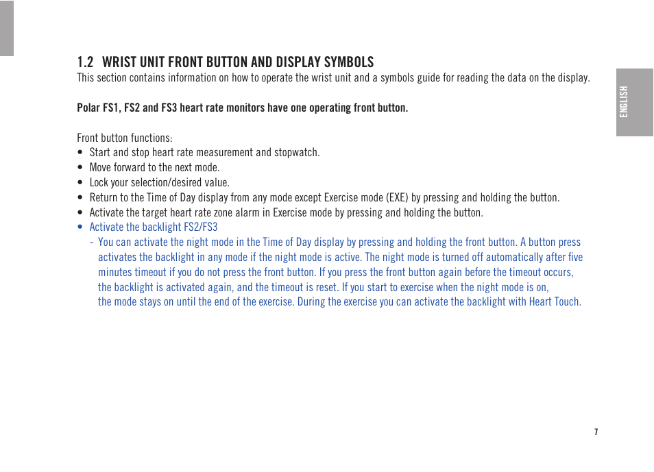 2 wrist unit front button and display symbols | POLAR FS3 User Manual | Page 6 / 25