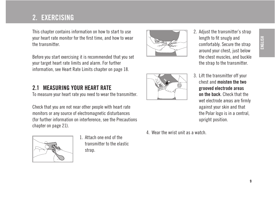 Exercising, 1 measuring your heart rate | POLAR FS3 User Manual | Page 8 / 25