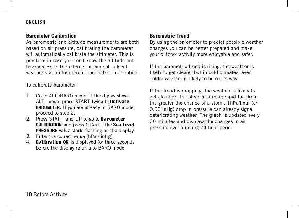 Barometer calibration, Barometric trend | POLAR AW200 User Manual | Page 10 / 44