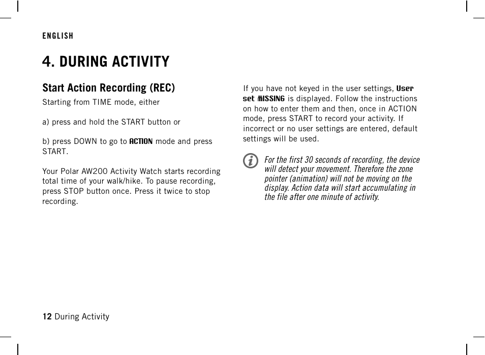 During activity, Start action recording (rec) | POLAR AW200 User Manual | Page 12 / 44