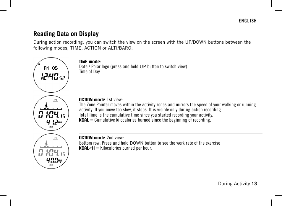 Reading data on display | POLAR AW200 User Manual | Page 13 / 44