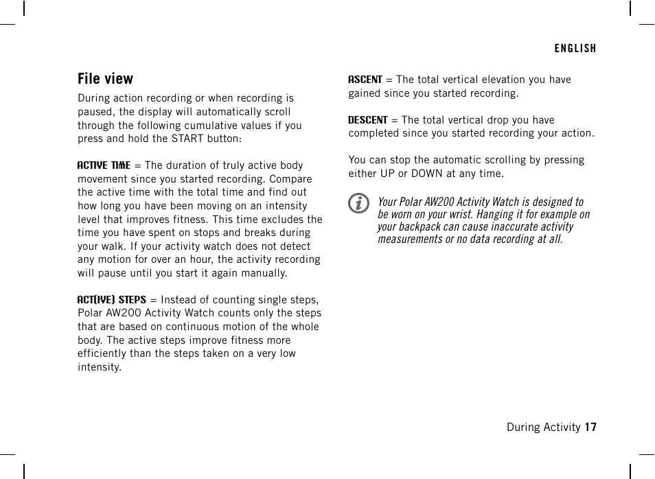 File view | POLAR AW200 User Manual | Page 17 / 44
