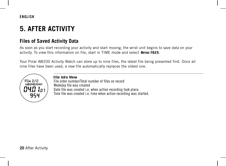 After activity, Files of saved activity data | POLAR AW200 User Manual | Page 20 / 44