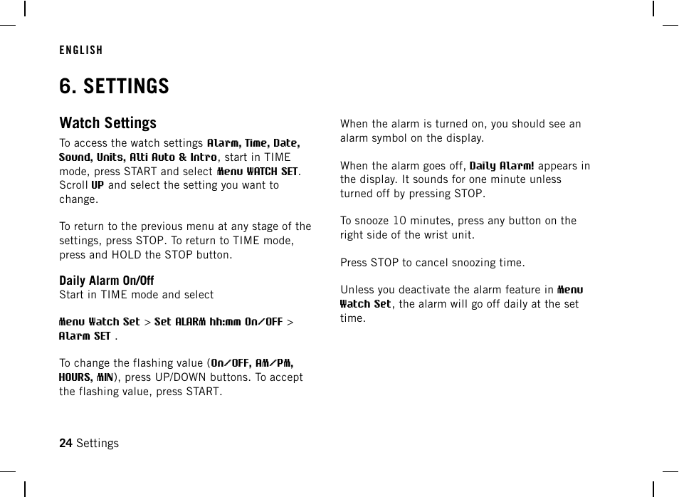 Settings, Watch settings, Daily alarm on/off | POLAR AW200 User Manual | Page 24 / 44
