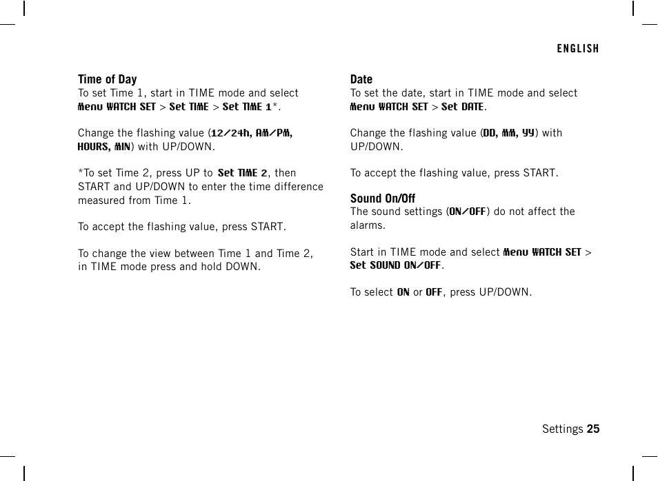 Time of day, Date, Sound on/off | POLAR AW200 User Manual | Page 25 / 44