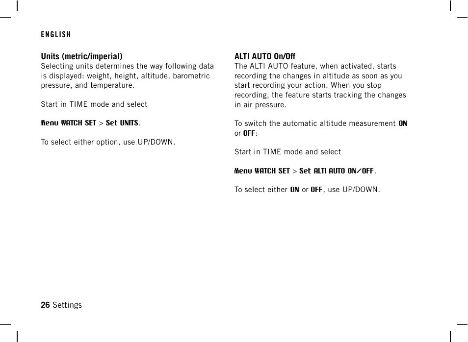 Units (metric/imperial), Alti auto on/off | POLAR AW200 User Manual | Page 26 / 44