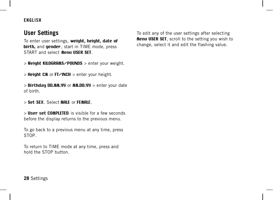 User settings | POLAR AW200 User Manual | Page 28 / 44
